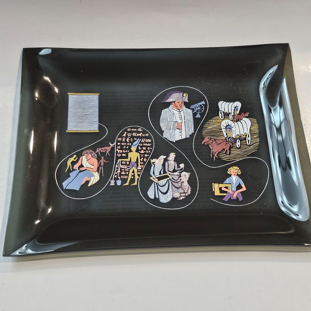 Vtg 1962 Coats And Clark Story Of Thread Smoked Glass Sewing Tray Plate